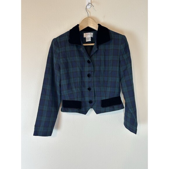 Talbots 8 Petite Plaid Blazer Jacket Velvet Collar Trim Button Cropped Vintage - Picture 1 of 3